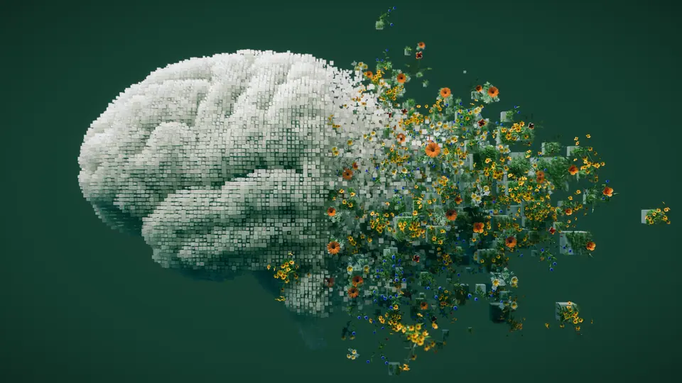 3D illustration of a human brain constructed from digital cubes dissolving into natural elements like flowers and greenery, symbolizing the fusion of…