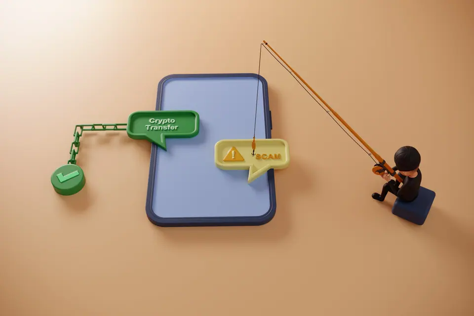 A 3D render showing a safe crypto transfer contrasted with a phishing scam targeting a digital wallet to highlight common online fraud risks