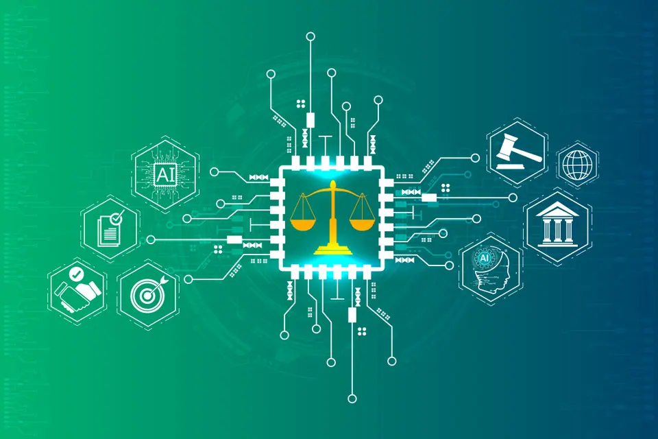 Abstract law and artificial intelligence background with scales of justice inside microchip and connected icons, concept of legal tech, compliance,…