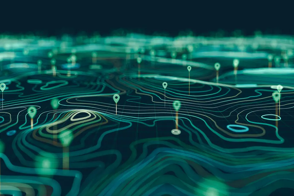 An advanced mapping interface displays geographic data with elevation contours and precise location markers