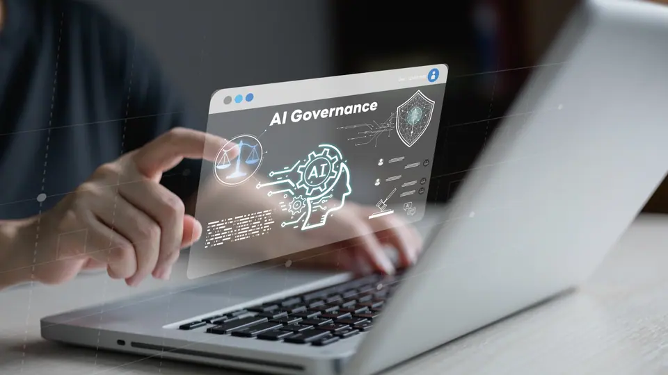 AI governance transparency legal policy control privacy.AI governance dashboard on laptop showing compliance, security, legal policy and ethical…