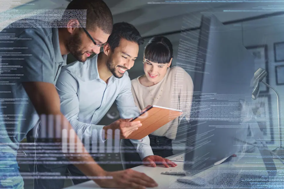 Business people, coding and information technology with computer screen and tablet, programming and software development