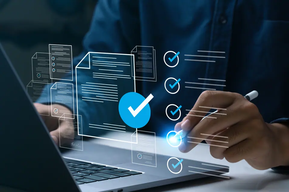 Business performance checklist, Businessman using laptop online survey filling out check digital form task, business performance monitoring and evaluation