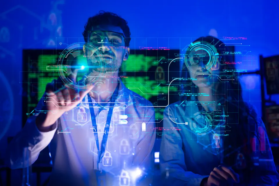 Business team interacting futuristic digital interface high-tech digital artificial intelligence concepts information technology teamwork smart…