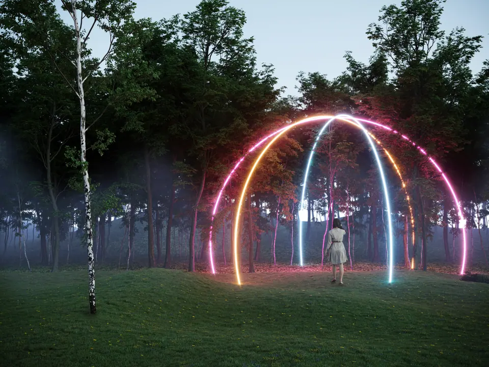 A circle portal between the trees in the forest and a woman going inside the circle