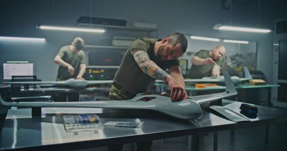 Concentrated engineer assembling drone internal components, while professional team works on similar units in background