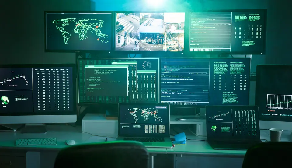Control room monitoring surveillance video camera control city - Empty space dark room office full of screen device from secret service public safety…