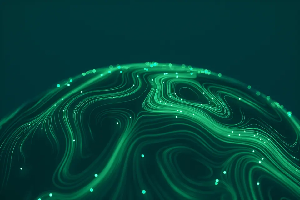 Curling lines and glowing particles on a green sphere