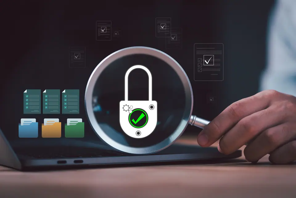 Information security auditor evaluates data protection cybersecurity audits, compliance verification, risk assessment, secure documentation, access…
