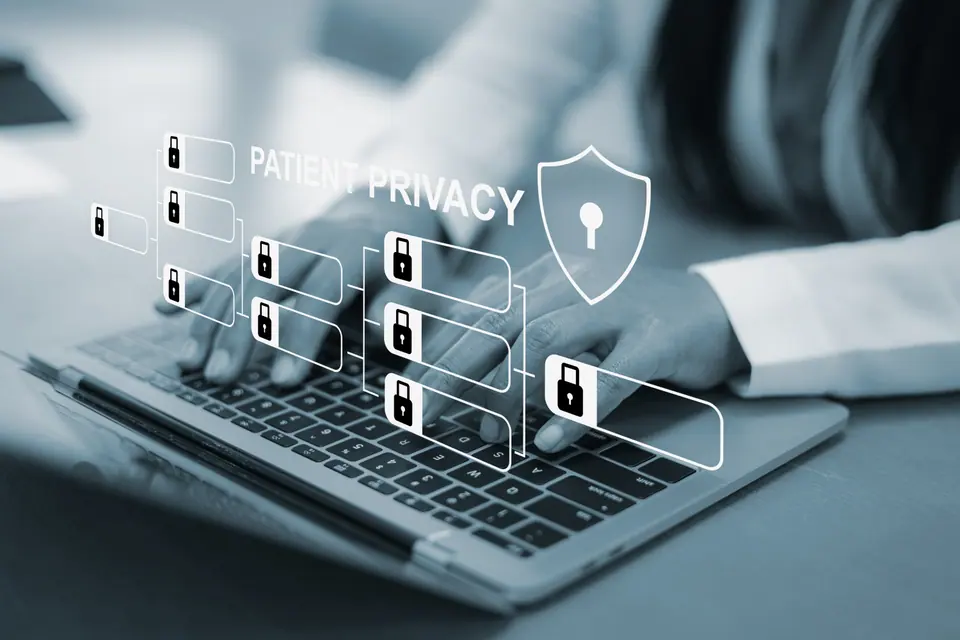 Patient privacy and data protection in healthcare system.Secure medical record management with cyber security icons.Healthcare compliance with HIPAA…