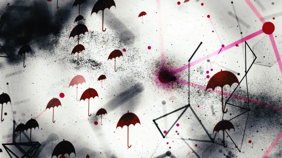 Red umbrellas icons are displayed on a white background