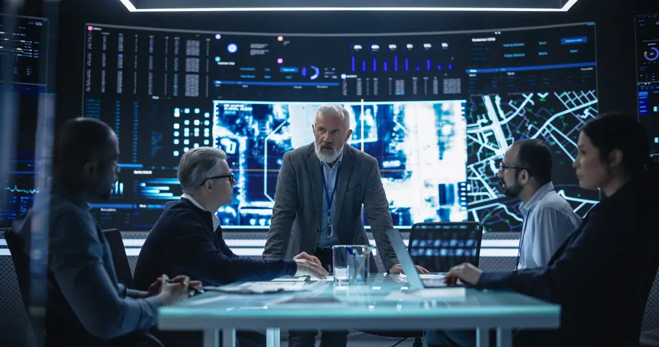 Senior chief software engineer showing a satellite tracking technology capabilities to a group of high profile government and cybersecurity officials