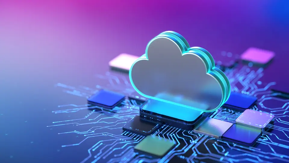 A vibrant image of a glowing cloud icon hovering above a circuit board, symbolising cloud computing, data storage, and advanced technology