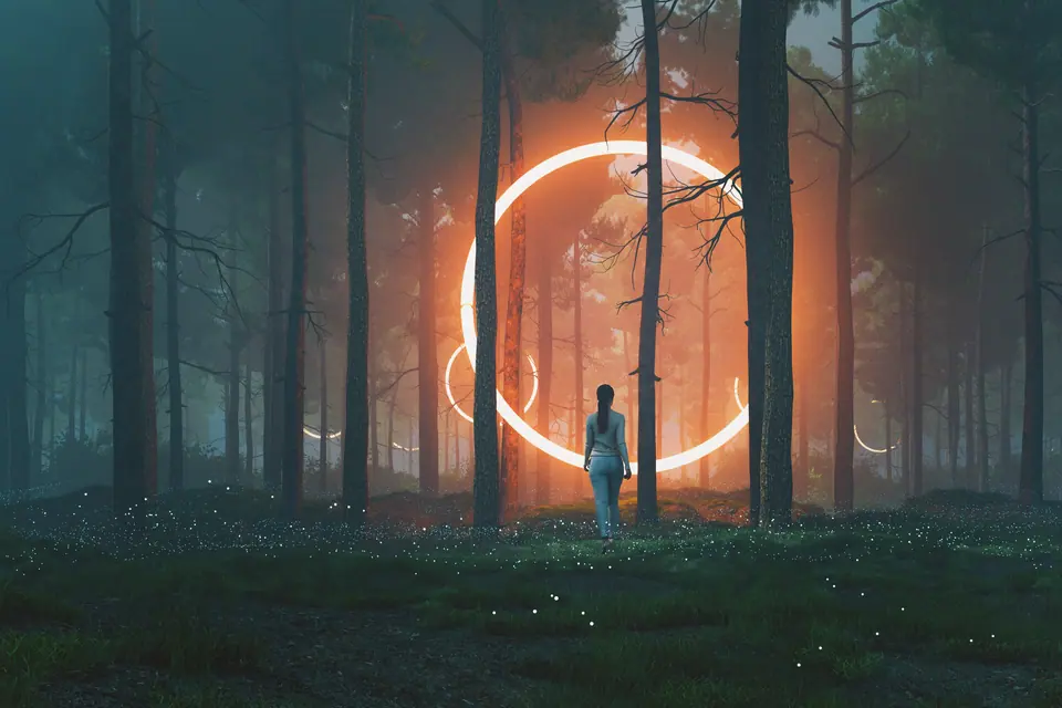 Woman in forest walking towards mysterious object, 3D generated image
