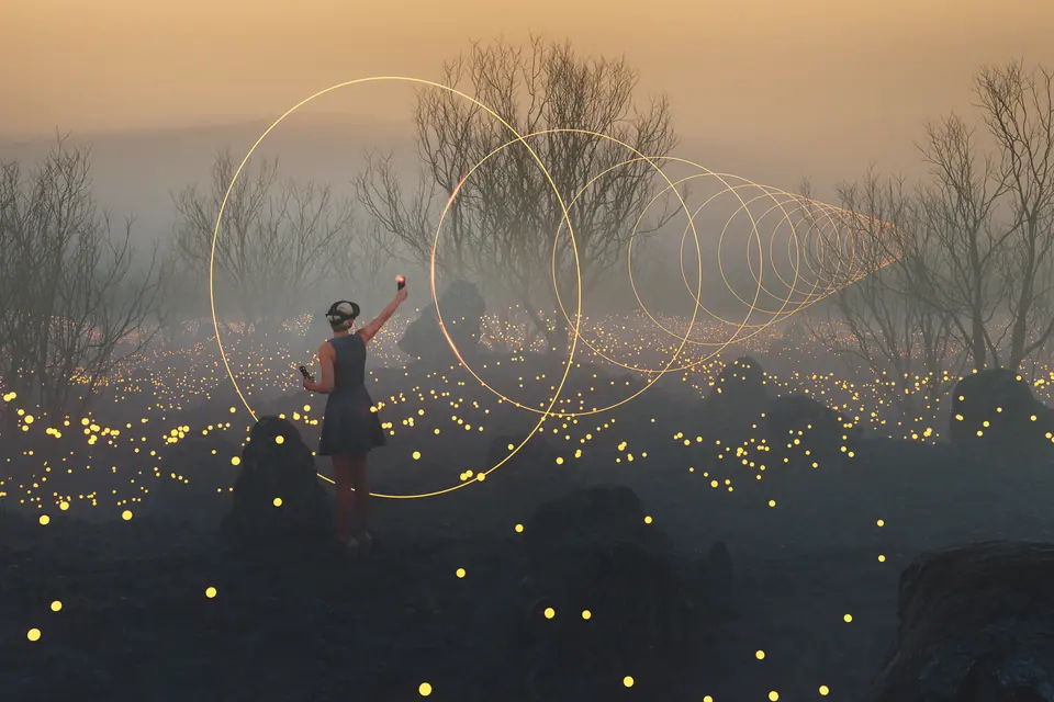 Young woman making up fantasy landscape in VR environment - entirely 3D generated image